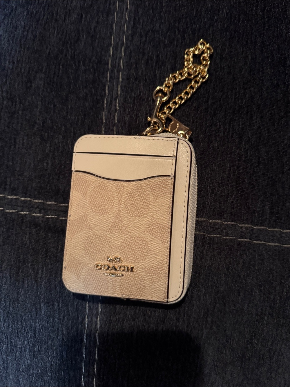 Coach Tan & Cream Signature Card Holder with Gold Chain